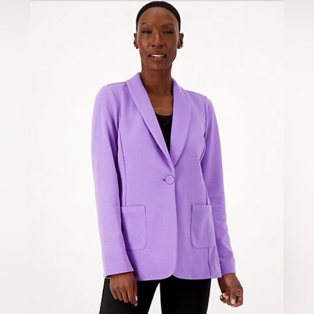 New! Susan Graver French Cotton Jersey Blazer Lilac Lavender Purple Large Petite